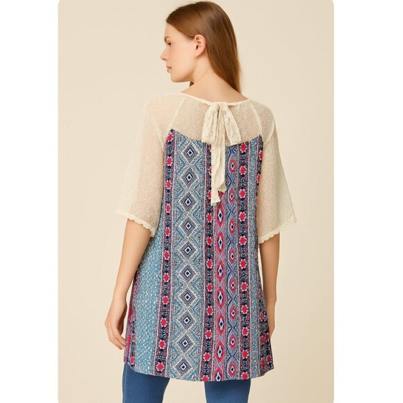 Umgee Tunic Blouse M Boho 3/4 Open Split Sleeve Lace Bow Tie Back Multicolor - Picture 5 of 5